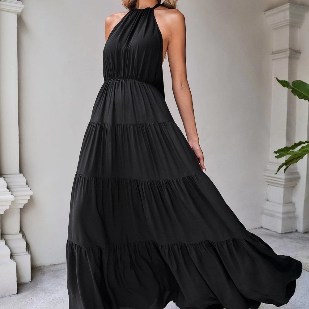 Tie Backless Ruffle Hem Halter Dress - Black - Picture 4 of 5